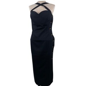 Ann Tobias Vintage Black Side Button Halter Midi Dress Women's 10